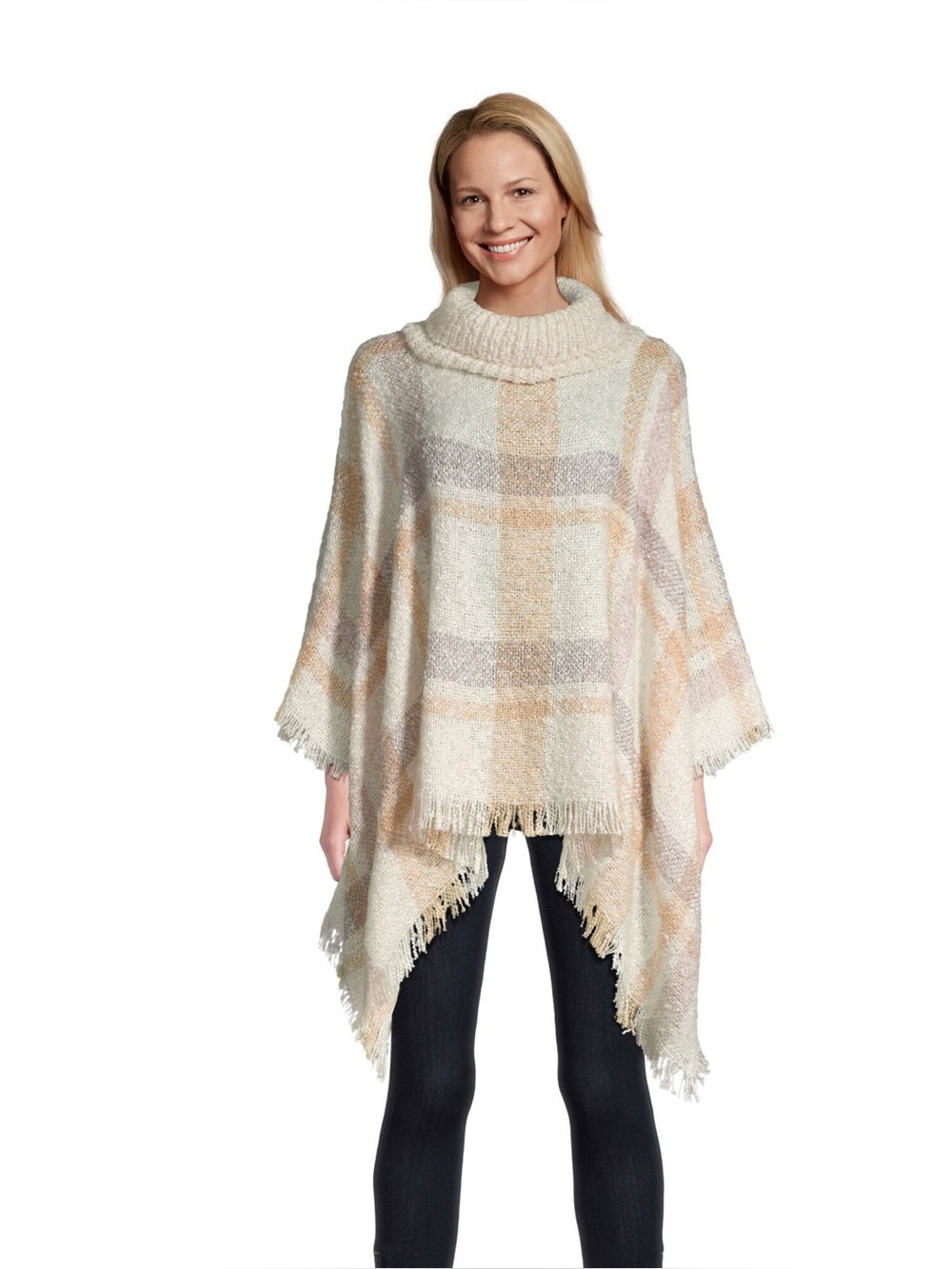 NWT World Market Ivory Oversized Windowpane Plaid Boucle Poncho